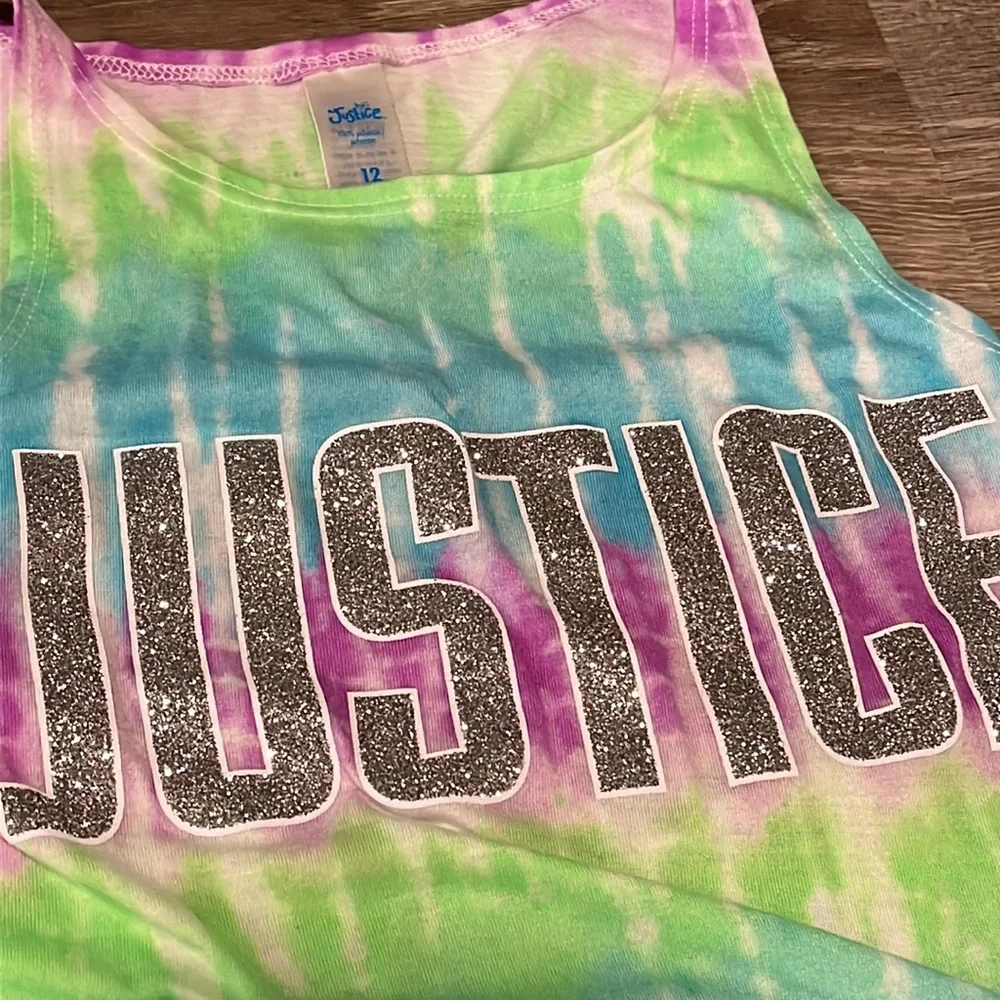 Lot of 2 Justice Rie Dye Glitter Logo Shirts T shirt & tank top